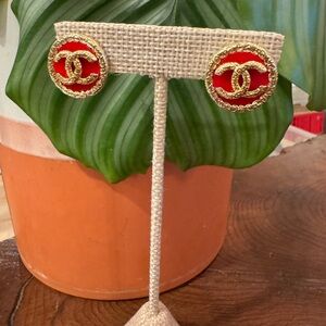 CHANEL Vibrant Red and Gold Logo Earrings